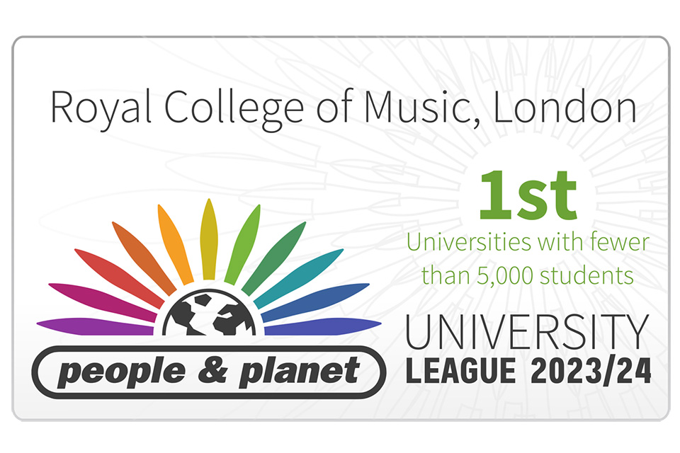 Badge showing the Royal College of Music has come 1st in the People and Planet University League table for universities with less than 5000 students. 